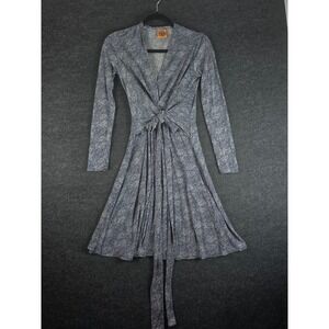 Tory Burch Women's Navy White Marled Silk Jersey Long Sleeve Wrap Dress Size XS